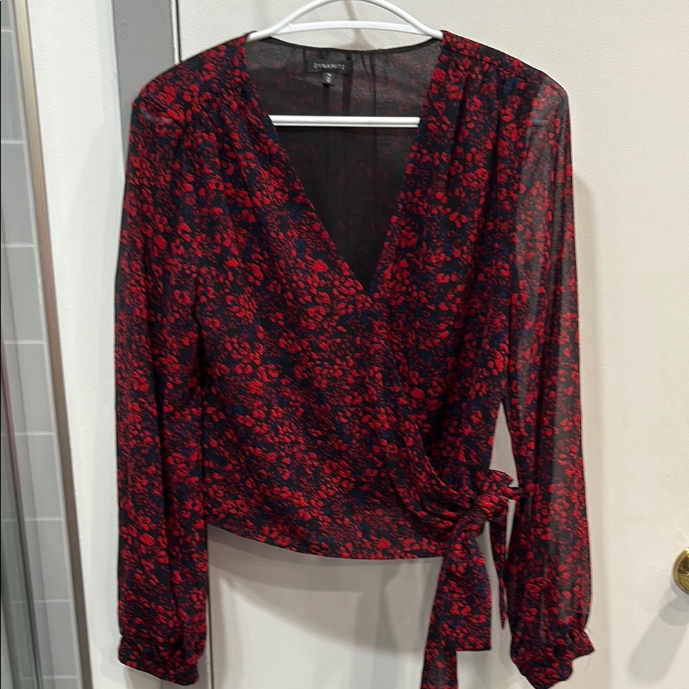Dynamite Black and Red Floral Wrap Blouse